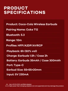 Coca Cola Ring Light Bluetooth Earbud Official Coca-Cola® Wireless Bluetooth Earbuds,20H Playtime, Wireless Stereo Earphones, Touch Control, Earphone Mini, Comfortable Sweatproof Sport Earphones, Earphone Design, White - White - View 12