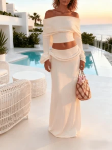 Women's White Textured Off - Shoulder Long Sleeve Cropped Top & High - Waist Flowy Maxi Skirt Set, Classy Elegant Outfit For Daily/Date/Vacation/Wedding Guest/Casual Looks, Fashion Matching Sets For Women - 白色 - 查看 4