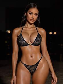 Swim SXY 夏季沙滩女士吊带比基尼泳衣套装 - 黑色 - 查看 1