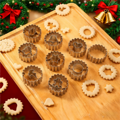 Christmas Linzer Cookie Cutters Set-Stainless Steel Baking Molds Christmas Tree, Gingerbread Man, Snowman, Elk Shapes Biscuit Stencils For Cookie Decorating & DIY Baking- Winter Holiday Gift For Baking Enthusiast