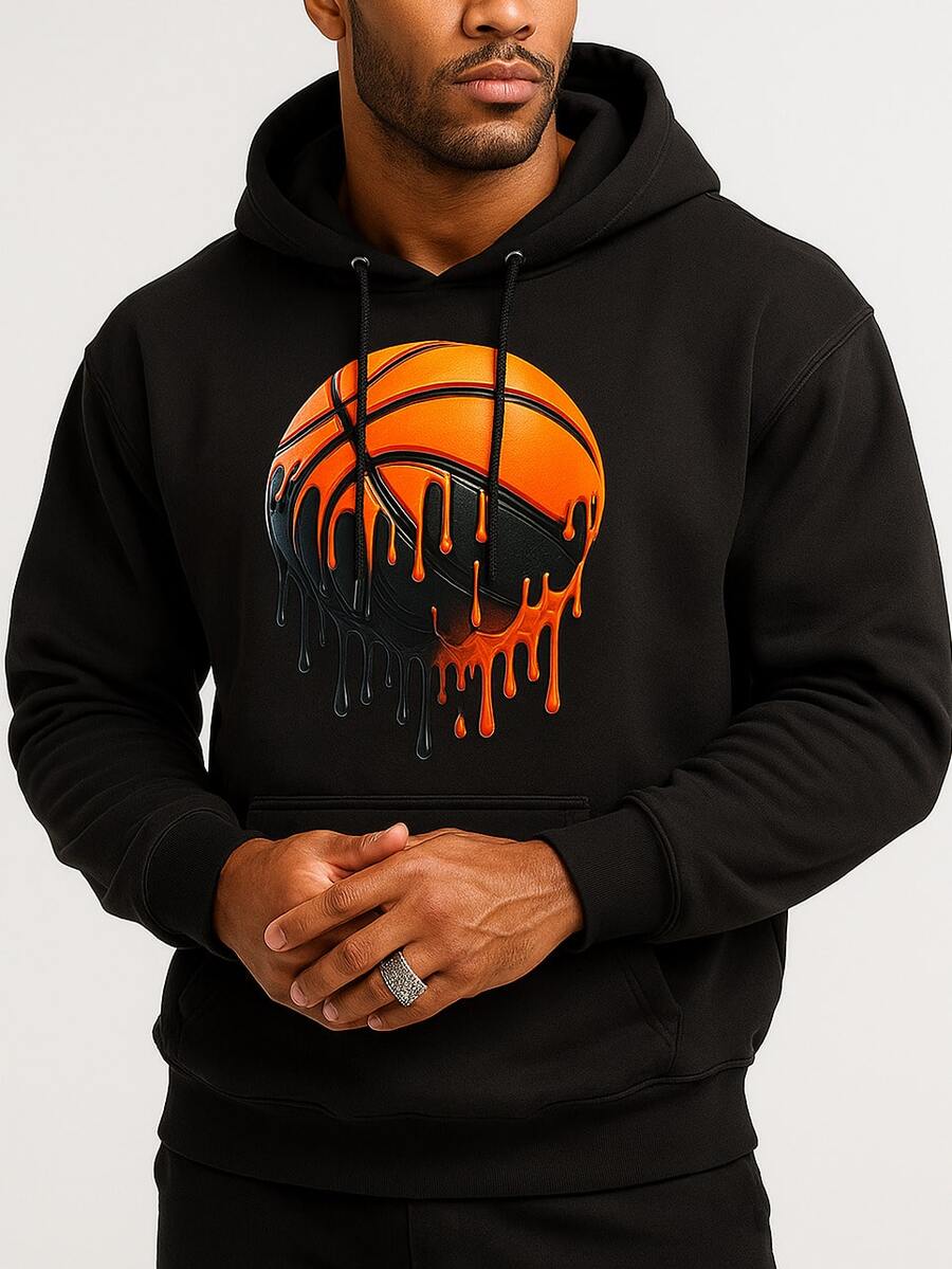 Dripping Basketball Graphic Print Men's Autumn Soft Loose HoodedShirt, Long Sleeve Pocket Hoodie, Sport Streetwear Style, Breathable Fashion - 黑色 - 查看 1