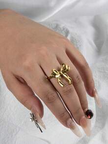1 Pc Fashion Bow Ring For Women Gold Color Stainless Steel Open Adjustable Ring Beach Party Summer Jewelry Gift - Yellow Gold - View 14