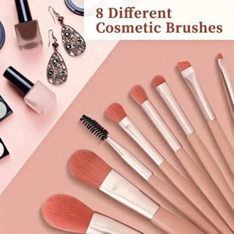 8支迷你多功能化妆刷套装，专业化妆工具套装，包含腮红、高光、眼影、散粉、遮瑕膏和眉笔，是初学者的理想礼物，便携实用。