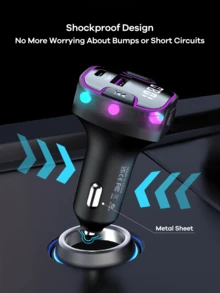 REMAX 带彩色呼吸灯的蓝牙车载充电器；双 USB-C 接口，支持 USB 3.1A 快充；蓝牙 5.3，支持免提通话、音乐播放和导航；稳固贴合，多重充电保护；汽车配件；汽车必备；汽车用品 - 黑色 - 查看 10