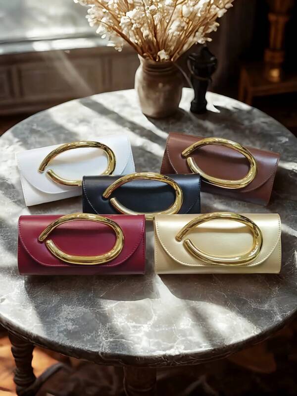 [Embrague de lujo] Bolso de mano de diseñador de lujo - Elegante embrague de mujer para la noche | Asa de metal con tono dorado y cierre magnético, calidad premium de PU, ideal para fiestas y bodas