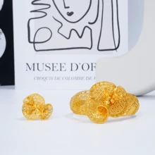 مجموعة سوار وخاتم مطلية بالذهب عيار 24 قيراط من النحاس المجوف بتصميم زهري، مجموعة فخمة على الطراز الشرقي الأوسط، سوار وخاتم بوهيمي عربي دبي الهند نيجيريا، إكسسوارات مجوهرات للعرائس وحفلات الزفاف والمناسبات للنساء والفتيات