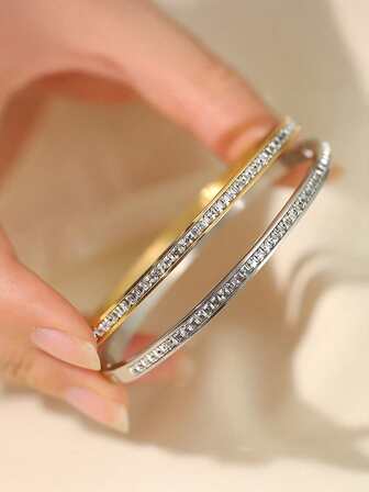 1 pièce Bracelet en acier inoxydable à rangée unique de cristaux, convient pour la décoration de couple, le port quotidien, les cadeaux, la bijouterie pour femmes