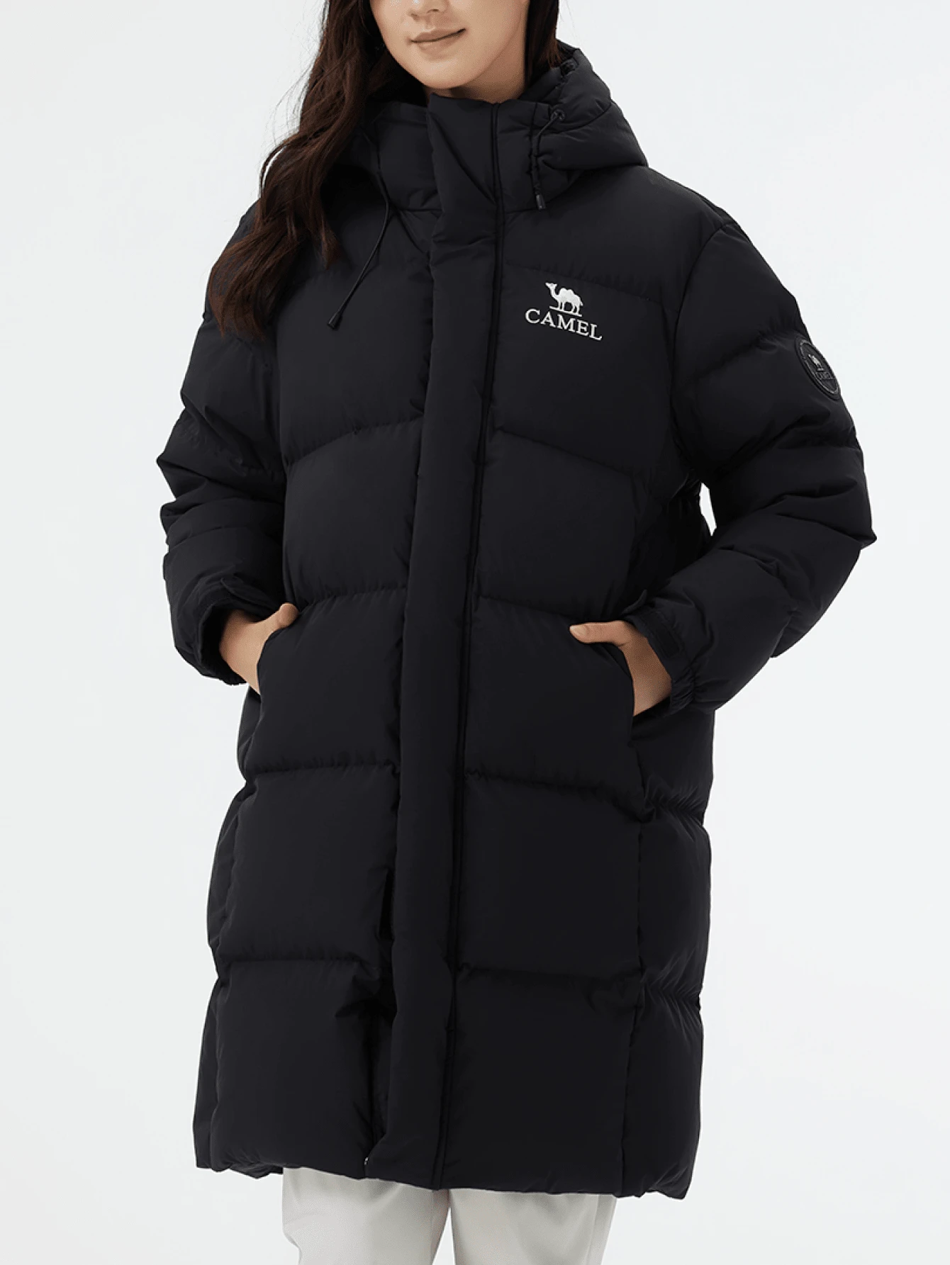 CAMEL CROWN 女士户外羽绒服，新款冬季款式，加厚保暖，三合一防水，高蓬松度，中长款 - 幻影黑 - 查看 1