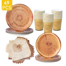 8pcs Wooden Texture Tree Stump Disposable Plate, Napkin And Cup Set, Includes Plates, Napkins And Cups, Suitable For 8 Guests, Disposable Paper Plates Party Supplies For Birthday, Wedding, Theme Party, Family Picnic - Multicolor - View 1