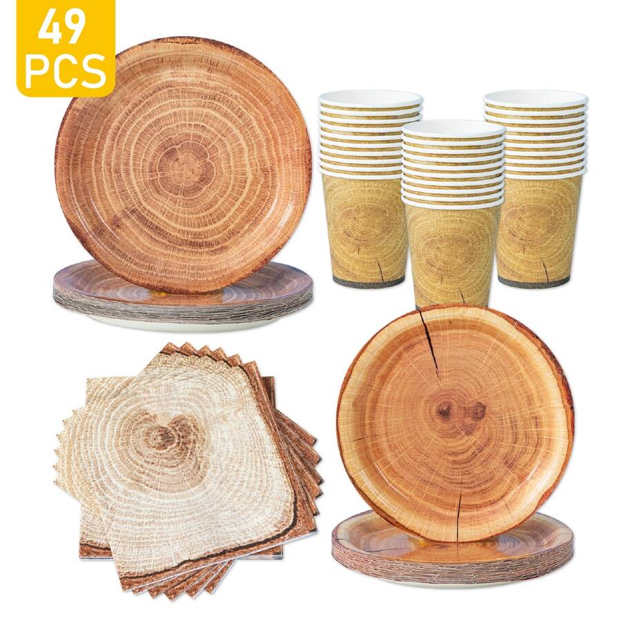 8pcs Wooden Texture Tree Stump Disposable Plate, Napkin And Cup Set, Includes Plates, Napkins And Cups, Suitable For 8 Guests, Disposable Paper Plates Party Supplies For Birthday, Wedding, Theme Party, Family Picnic - Multicolor - View 1