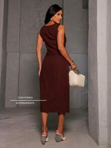 Women's Midi Dress Elegant Casual Buttons Front Simple Button - 鏽棕色 - 查看 3