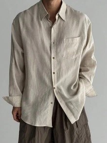 Officeau Men's Linen Solid Color Patch Pocket Front Button Casual Long Sleeve Shirt, Suitable For Autumn/Winter Occasions - Apricot - View 5