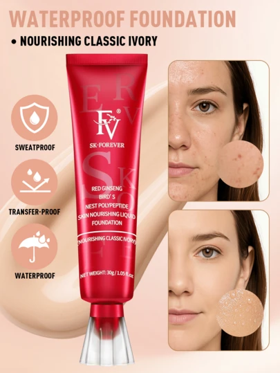 FV哑光防水粉底液 - 持久妆效，中高遮瑕，控油轻盈配方，防水遮瑕膏，全效遮瑕粉底液，专业妆前乳，适合混合性/油性肌肤，30克