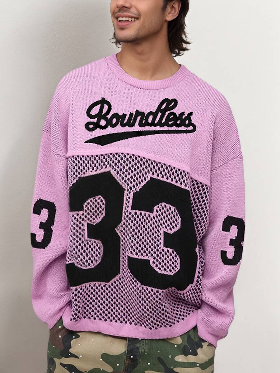 Men's Grunge Aesthetic Pink Sweater - Knit "Boundless" Letter Number Crochet Top For Men