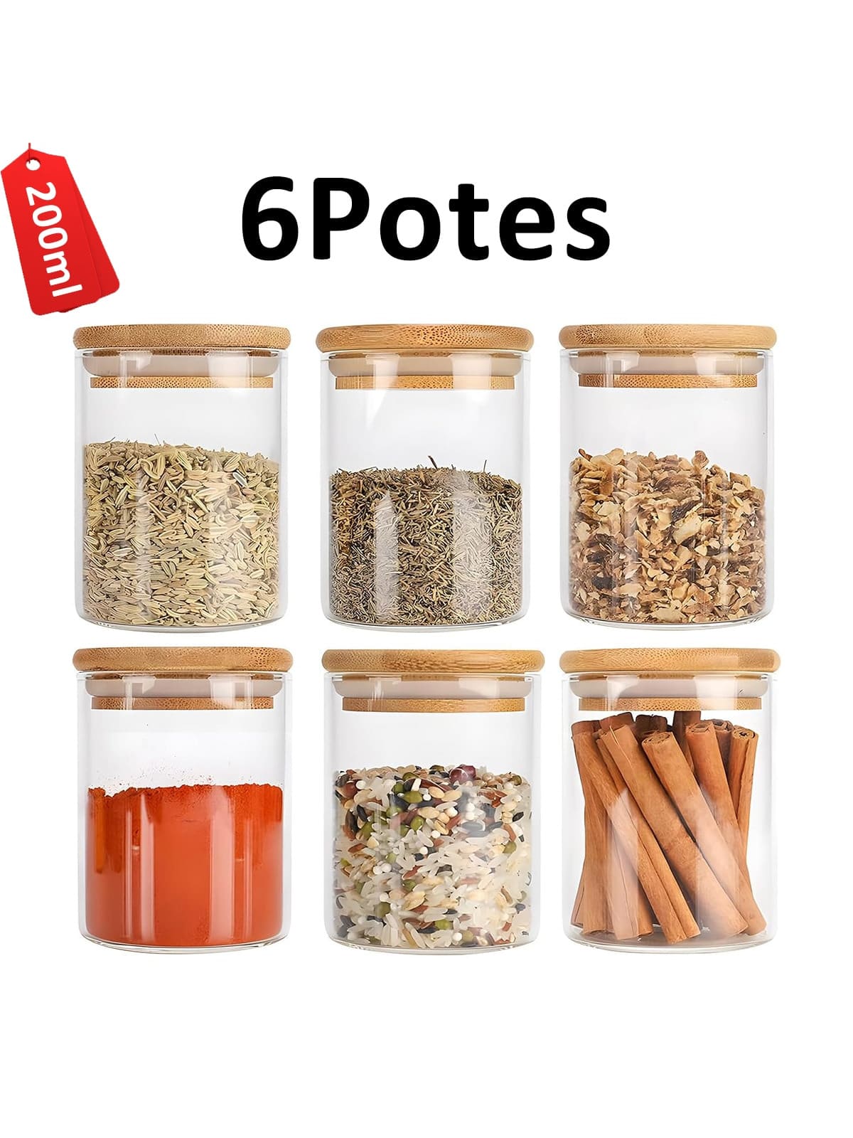 Belifou Set Of 6 Airtight 200ml Glass Round Storage Jars With Premium Bamboo Lids - 6 kit - 查看 1
