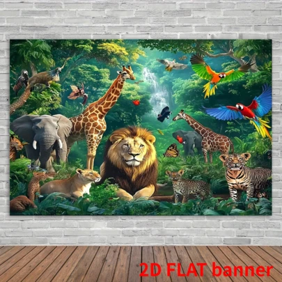 1pc Jungle Polyester Background, 5d Animal Kingdom Photography Background, Featuring Tigers, Lions, Elephants, Giraffes And Zebras, Universal Holiday Wall Decoration