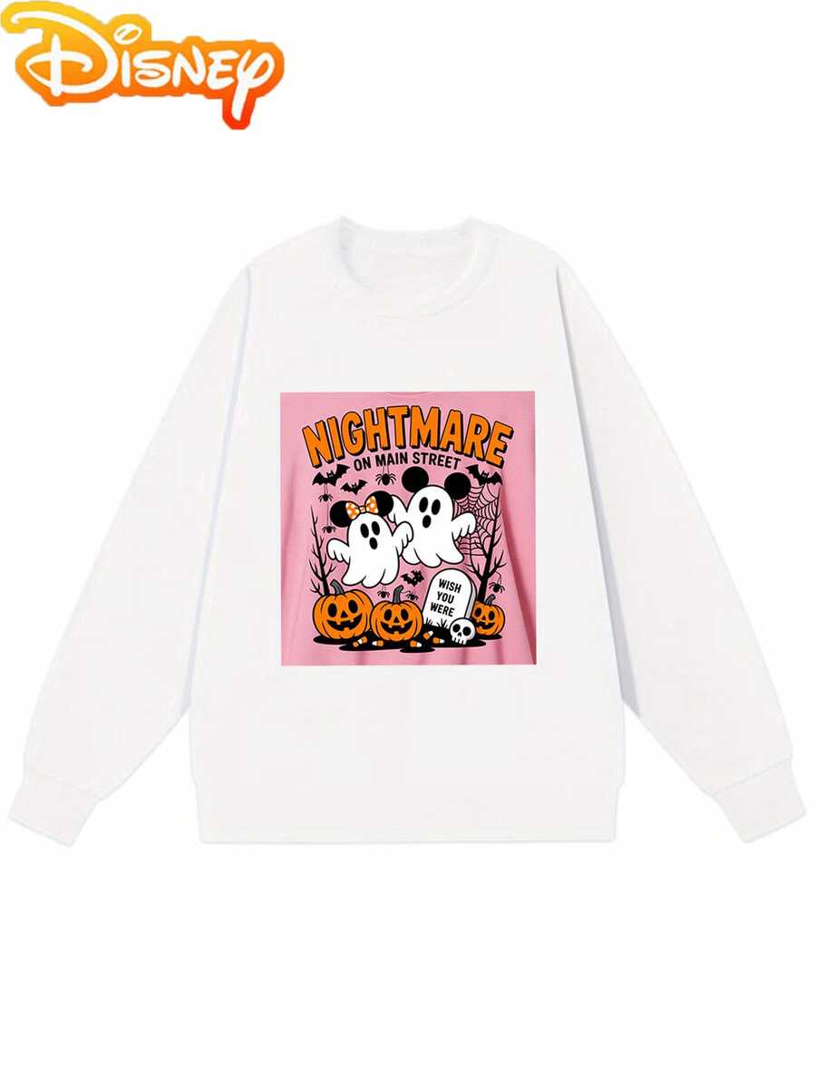 Women's Nightmare Before Christmas Graphic Sweatshirt - Tim Inspired Gothic Pink & Black Pullover With Characters, Casual Round Neck Winter Sweater For Halloween & Casual Attire - White - View 1
