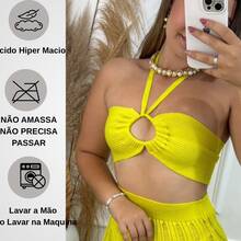 Cropped Top With Multi-Shape Tie Modal Top With Striped Tricot Summer Fashion Faxinha Trico - 黃色 - 查看 3