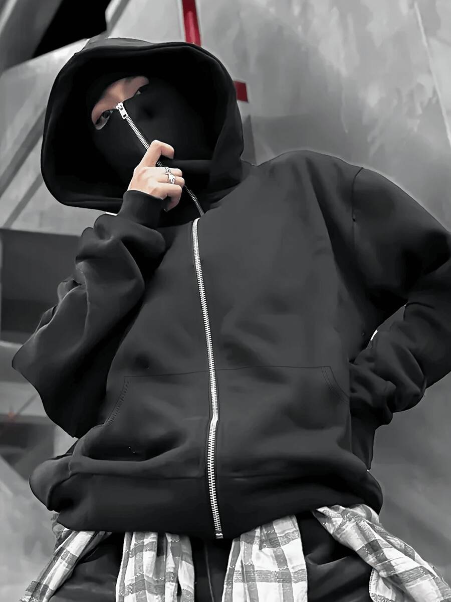 Stylish Black Balaclava Hoodie With Full-Face Mask - Casual Zip-Up Sweatshirt, Machine Washable, Graphic Design, Perfect For Outdoor Activities, Outdoor Activity Apparel | Fashionforward Hoodie | Durable Fabric Hoodie - màu đen - Xem 1