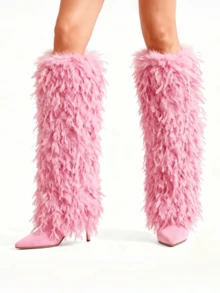 Fur Knee High Long Boots For Women Christmas Halloween Fashionable Pointed Toe Stiletto High Heel Boots Furry Fluffy Slip On Fall Boots - 粉色 - 查看 2