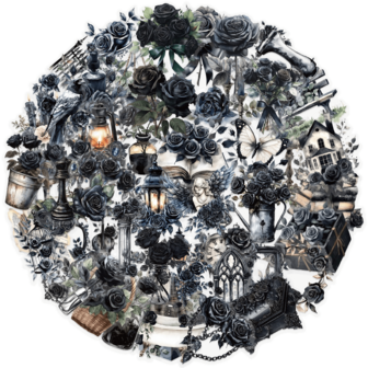 50张透明卡通黑玫瑰涂鸦贴纸，可重复使用的乙烯基贴纸，适用于日记本、水瓶、行李箱 - 白色