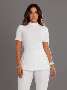 Women's High Neck Blouse With Slit, Premium Ribbed Riding Style, Modern And Comfortable - 白色 - 查看 1