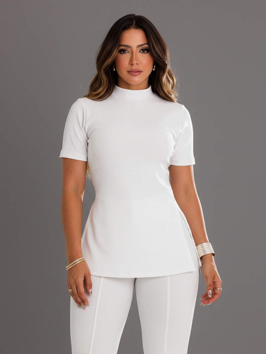 Women's High Neck Blouse With Slit, Premium Ribbed Riding Style, Modern And Comfortable - 白色 - 查看 1