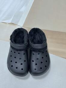 男士纯色保暖室内拖鞋，舒适防臭耐用冬季休闲毛绒内衬一脚蹬鞋