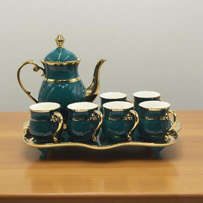 8 delar/set 6 delar/set europeisk porslinsteservis pärlvit, färgad glasyr - färgad keramiktekanna och tekopp för kaffe, te, gräddkanna, vattenkokare, för vardagsliv, vardagsrumsdekoration, köksdekoration, till jul