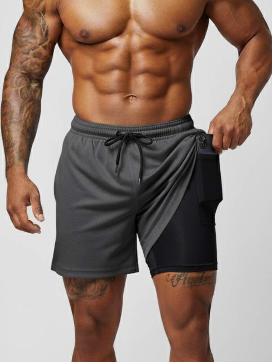 Men's 2-In-1 Double Athletic Shorts With Hidden Cell Phone Pocket - Xám đậm - Xem 1