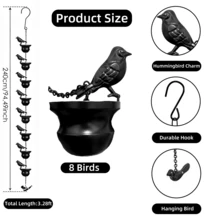 Rain Chain 3.3FT, 8 Birds And Cup Rain Chains For Gutters, Functional Replacement For Downspout, Metal Rainwater Catcher Chain, Outdoor Garden Decor, Antique Black - màu đen - Xem 4