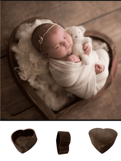 Newborn Photography Props Wooden Heart-Shaped Bowl Photography Props Photo Accessories