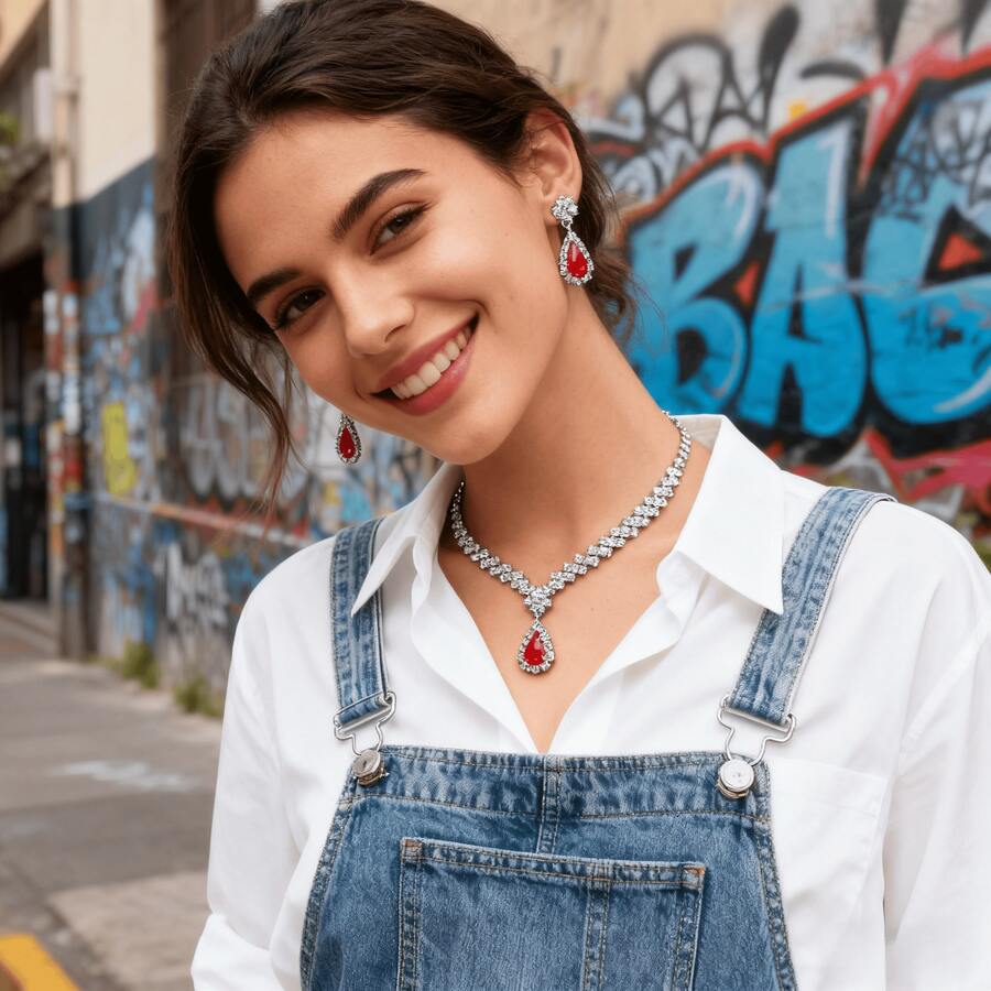 طقم مجوهرات من 3 قطع (قلادة، أقراط، سوار) مجموعة من الزركونيا الأزرق الياقوتي، مجموعة مجوهرات للنساء، ديكور عيد، ديكور حفلة، مجموعة مجوهرات زفاف، اكسسوارات عيد الحب