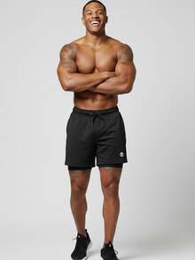 Men's 2-In-1 Double Athletic Shorts With Hidden Cell Phone Pocket - Xám đậm - Xem 3