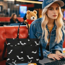 Women's Large Capacity Tote Bag, Black Canvas Batwing Tote Bag, Black Batwing Top Handle, Multi-Pocket Design, Reusable, With Detachable Shoulder Strap, Holiday Party Accessory, Holiday Gift. - 黑色 - 查看 3