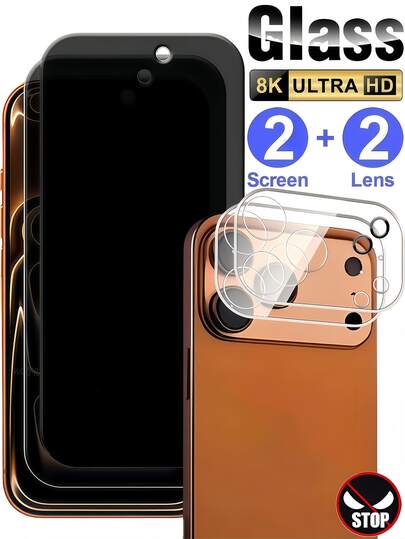 4-in-1 Gehärtetes Glas Bildschirmschutz, kompatibel mit iPhone 17 Air 16 Pro 15 14 13 12 11 Pro Max, Anti-Spionage, Anti-Öl Beschichtung, Vollbildabdeckung, einfache Installation, hohe Härte, abgerundetes Randdesign, beinhaltet 2 transparente Kameraobjektivschutz, kompatibel mit Schutzhüllen