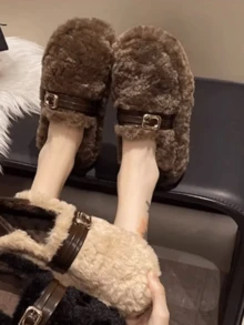 Women's Thick Sole Slip-On Furry Slippers, 2025 Winter New Buckle Design, Wear Anti-Slip Fluffy Slouchy Shoes, Solid Color Casual Soft Fleece Home Slippers - Coffee Brown - View 3