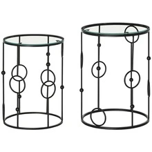 HOMCOM Round Coffee Table Set Of 2, Nesting Side End Tables With Tempered Glass Top And Steel Frame For Living Room, Black - Black - View 2