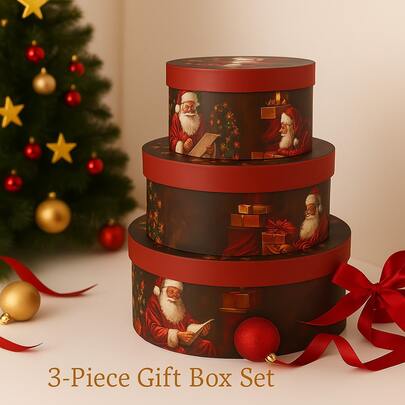 NICE LIFE 3-częściowy zestaw okrągłych pudełek prezentowych na Boże Narodzenie z świątecznym nadrukiem, ozdobne pudełka do przechowywania prezentów i upominków sezonowych