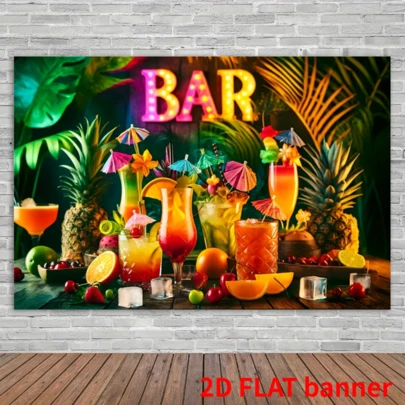 一款2D平面横幅，热带鹌鹑尾旗图案，涤纶纤维材质，适用于摄影、派对拍照、室内外装饰，可用作影棚道具、节日生日派对装饰，无需用电。