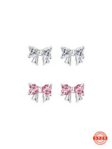 1对S925纯银可爱蝴蝶结锆石耳钉，轻盈奢华，日常佩戴，小巧百搭，适合学生佩戴，低过敏性，情人节礼物，附赠精美礼盒