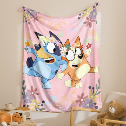 Bluey 1pc Brui Theme Flannel Blanket, Pink Floral & Cartoon Character Polyester Blanket, Fluffy & Comfortable, Suitable For Daily Use