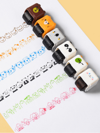 10个装卡通滚轮印章套装，可爱动物图案，如熊猫、猫咪等，适合学生手工日记DIY，手动印章，可作为学生奖励、圣诞节礼物、生日礼物。