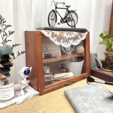 Lace Cloth + Solid Wood Clamshell Storage Box, Retro-Style Solid Wood Desktop Storage Cabinet, Cute Ornament Storage And Decoration, Household Glass Front Window Cosmetics Storage Box, Practical Tea Set Retro Multi-Functional Storage Box - Multicolor - View 6