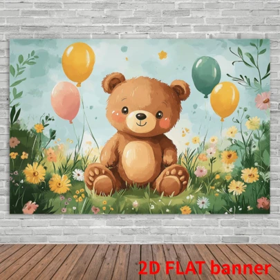 2D平面泰迪熊和粉彩气球派对横幅，棕色泰迪熊，轻质涤纶纤维背景布，适用于洗礼、生日派对装饰、性别揭晓派对等场合
