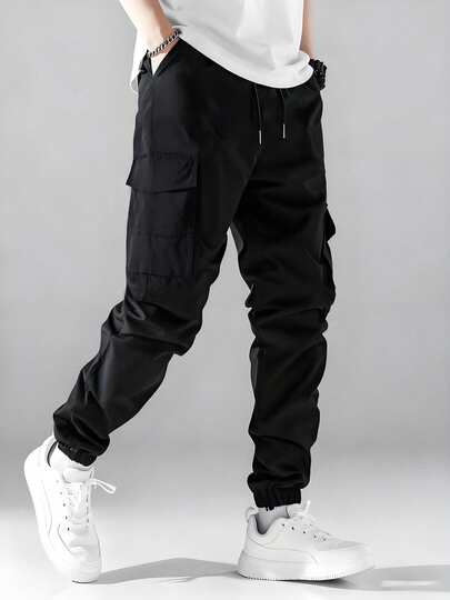 男士轻便纯色多口袋抽绳工装裤，宽松舒适运动裤，春秋季