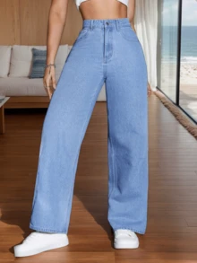 Jeans casuales de pierna recta y corte holgado para mujer, Pantalones vaqueros para mujer de pierna ancha y ajuste holgado con bolsillos para uso diario - Azul - Ver 4