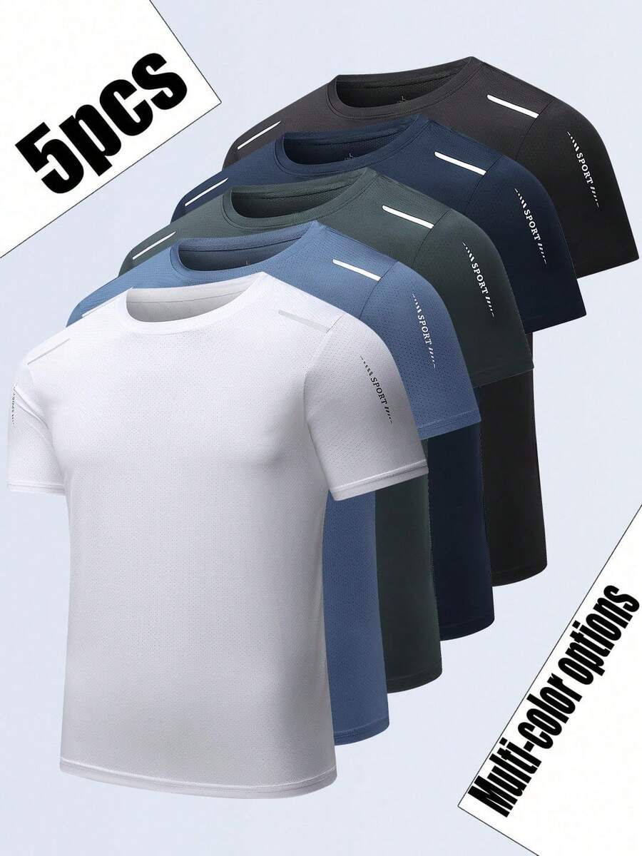 Bộ 5 áo thun thể thao nam, thích hợp cho thể thao, tập thể dục, mặc thường ngày ngoài trời, họa tiết thời trang mùa hè. - Nhiều màu - Xem 1