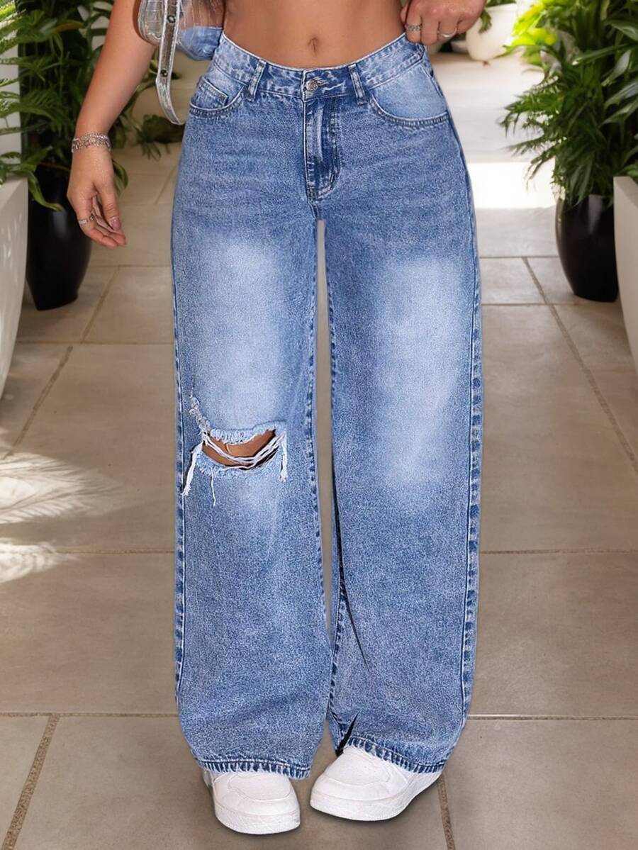 Pantalones vaqueros rectos anchos y desgastados con bolsillos para mujeres, casuales y versátiles, Jeans simples y con estilo para uso diario con lavado en agua y efecto desgastado - Azul lavado medio - Ver 1