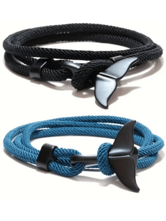 2条装男士海洋风手链 - 多层黑色海龟尾设计，4毫米绳编手链，手工制作，适合日常佩戴、派对和户外活动